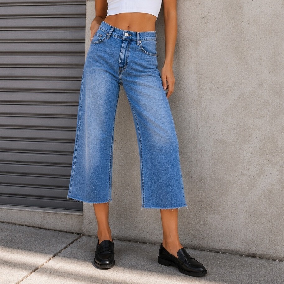 7 For All Mankind Cropped Alexa Wide Leg Jeans Blue Medium Wash Raw Hem 30 90's